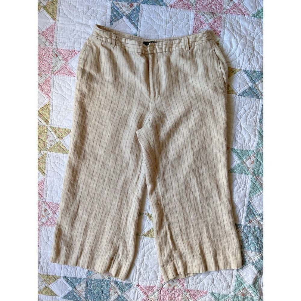 Lauren Ralph Lauren 100% Linen Pinstripe Culottes Wide Leg Pants 12 Beige Cream